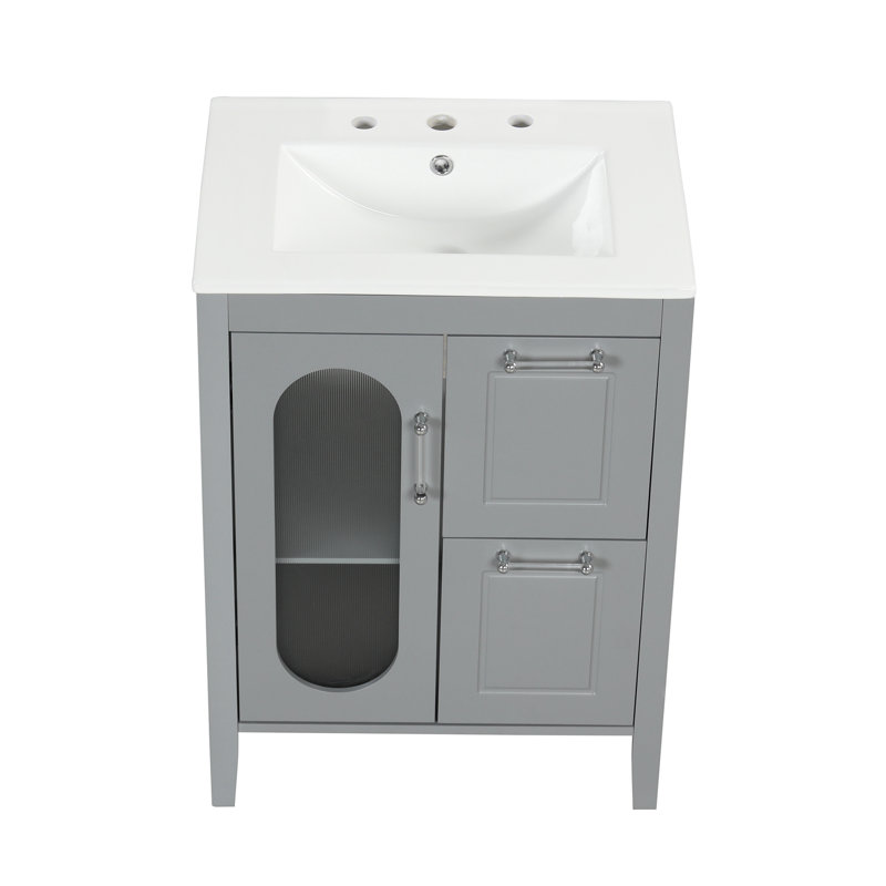 Meuble-lavabo 24 po avec lavabo, meuble-lavabo avec deux tiroirs et porte, tablette réglable, Gris