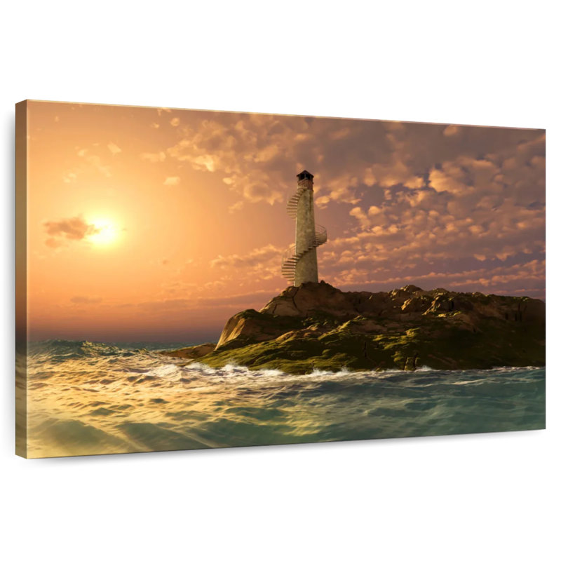 Coucher de soleil sur le phare côtier d'Aletra, H 26 po x l 39 po