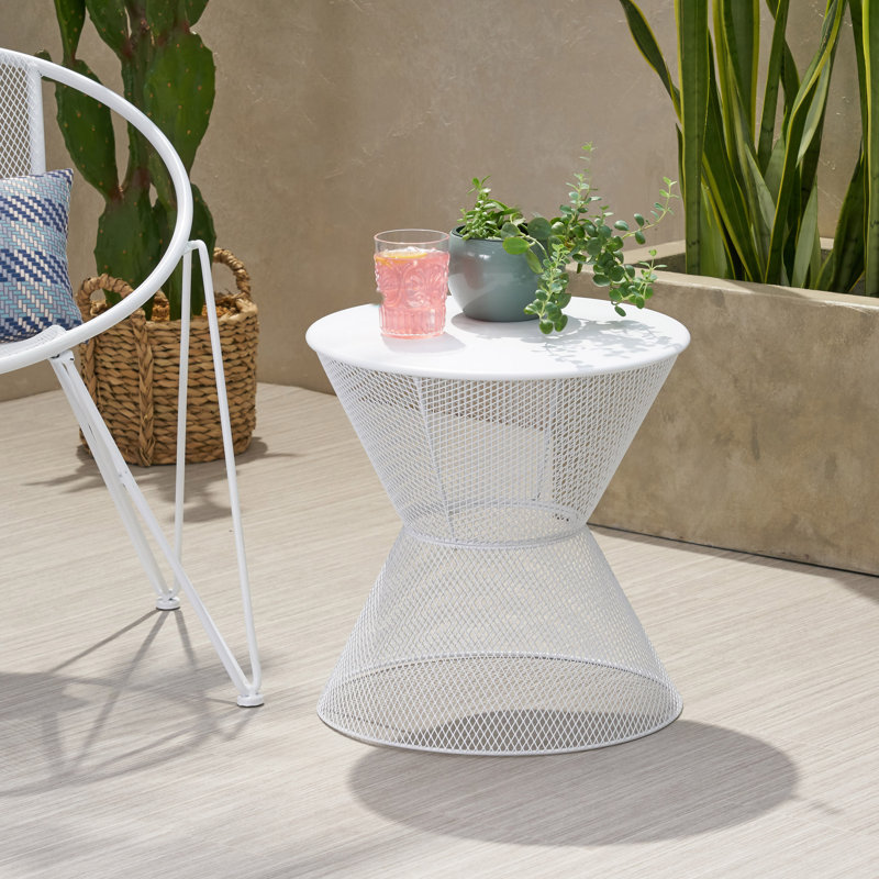Yoshida Round Metal Outdoor Side Table , 17.75'' in. W 17.75'' in. D, Matte White