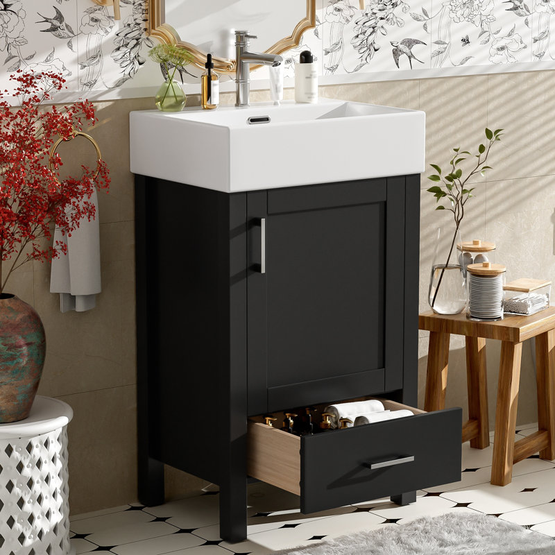 [Meuble-lavabo moderne noir [20,3 "] Lavabo en céramique | Structure et tiroir en bois massif | Petite armoire de rangement compacte