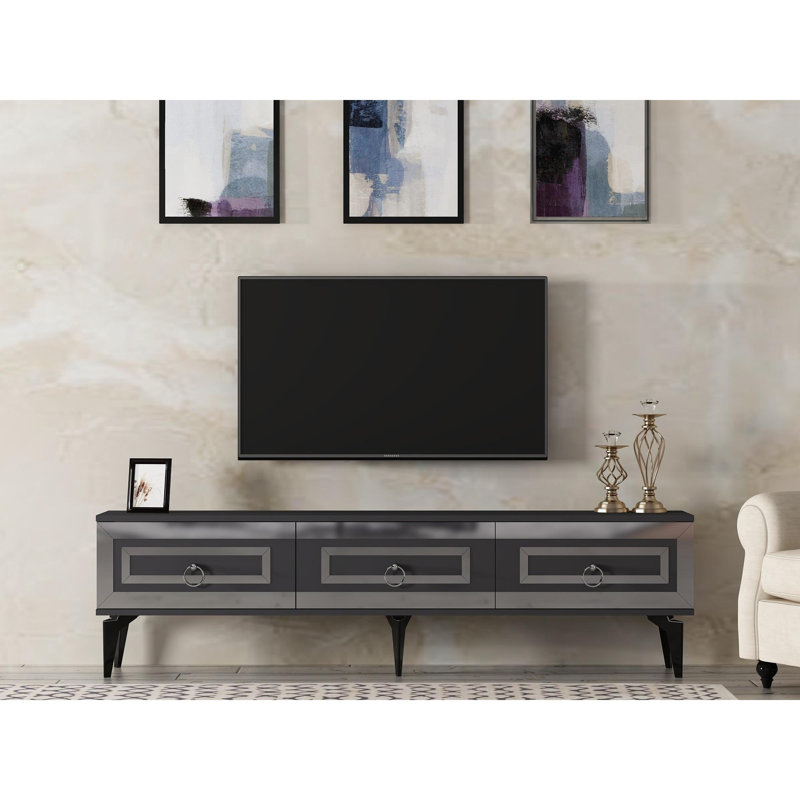 Meuble télé élégant, anthracite et argent, 70,9 po x 17,6 po x 11,6 po | 100% panneau de particules enduit de mélamine, épaisseur: 0,7 pouce | Conception durable et moderne, parfaite pour le salon et les espaces de divertissement, facile à assembler