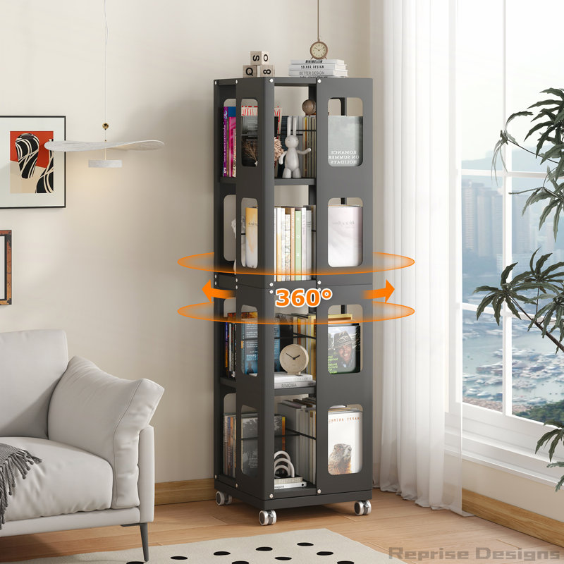 Bibliothèque rotative en acier à 4 niveaux avec roulettes à 360 °, assemblage facile, Noir