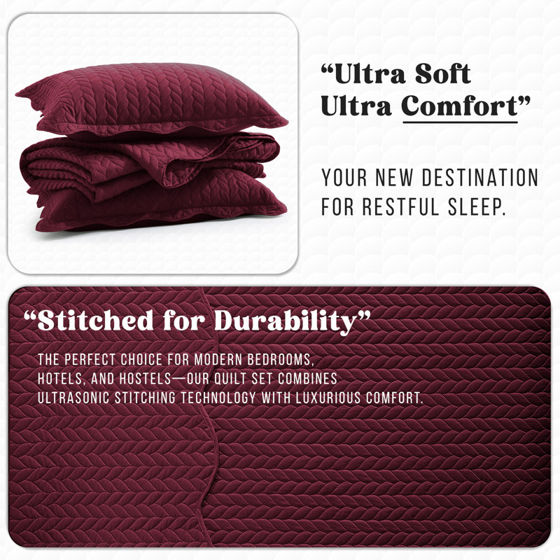Embossed Quilted Bedspread Set – Soft Microfiber Coverlet With Pillow Shams, Hotel-Style Bedding For High Beds, Burgundy