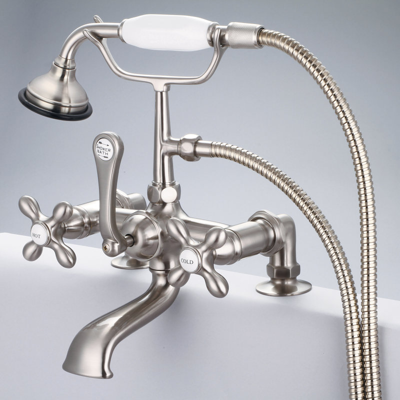 Stonington 3 Handle Deck Clawfoot Tub Faucet, Cross Handles, Polished Nickel