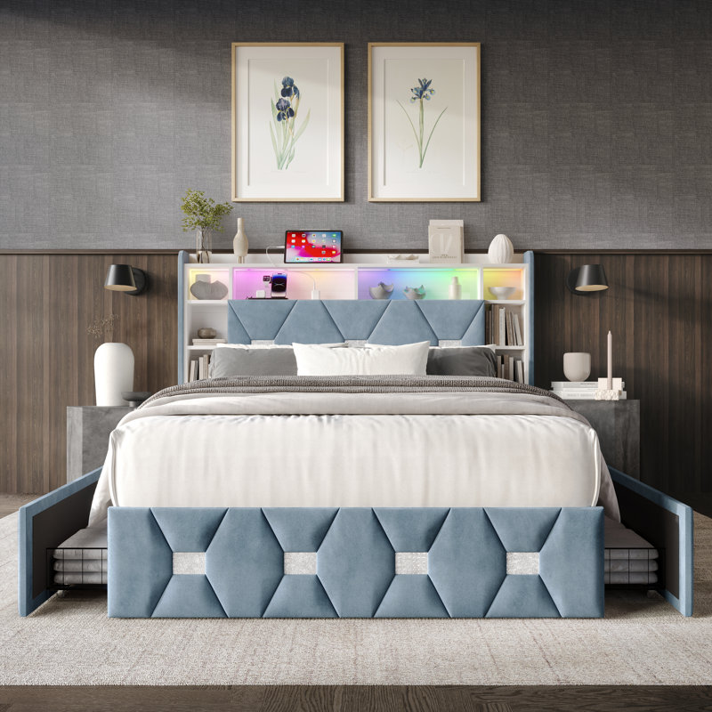 LIT DE GRANDE TAILLE EN VELOURS BLEU CLAIR, LIGHT BLUE, QUEEN