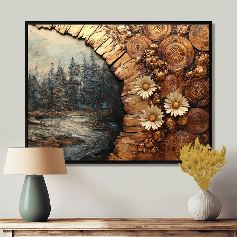 «Daisies Flowers Forest Wooden Landscape II» - marguerites, art mural, H 12 po x l 20 po, Reproduction avec cadre flottant