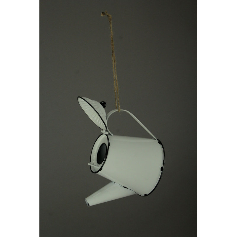 Nichoir en forme de bouilloire en métal émaillé blanc de style campagnard, avec bords noirs vieillis, hauteur 24,8 cm (9,75 pouces).