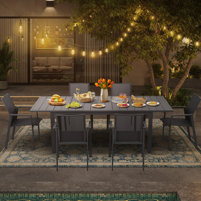 Calliana Patio Dining Set with Extendable Dining Table and Fully Assembled Stackable Chairs, Gray, 6