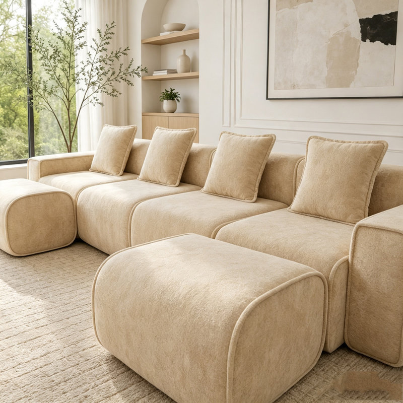 138.58'' Velvet Sofa, 4-Seater & 2-Ottoman, Light Camel