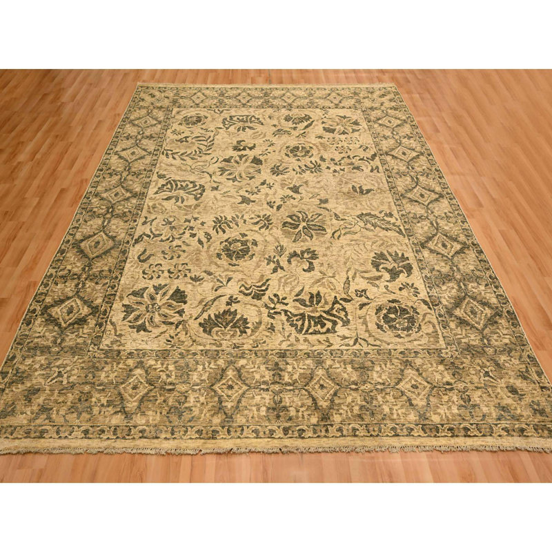 Tapis oriental 7 pi 10 po x 9 pi 9 po, motif de feuilles partout, laine naturelle non teinte, velours zéro, patiné, rasé bas, tapis oriental noué à la main