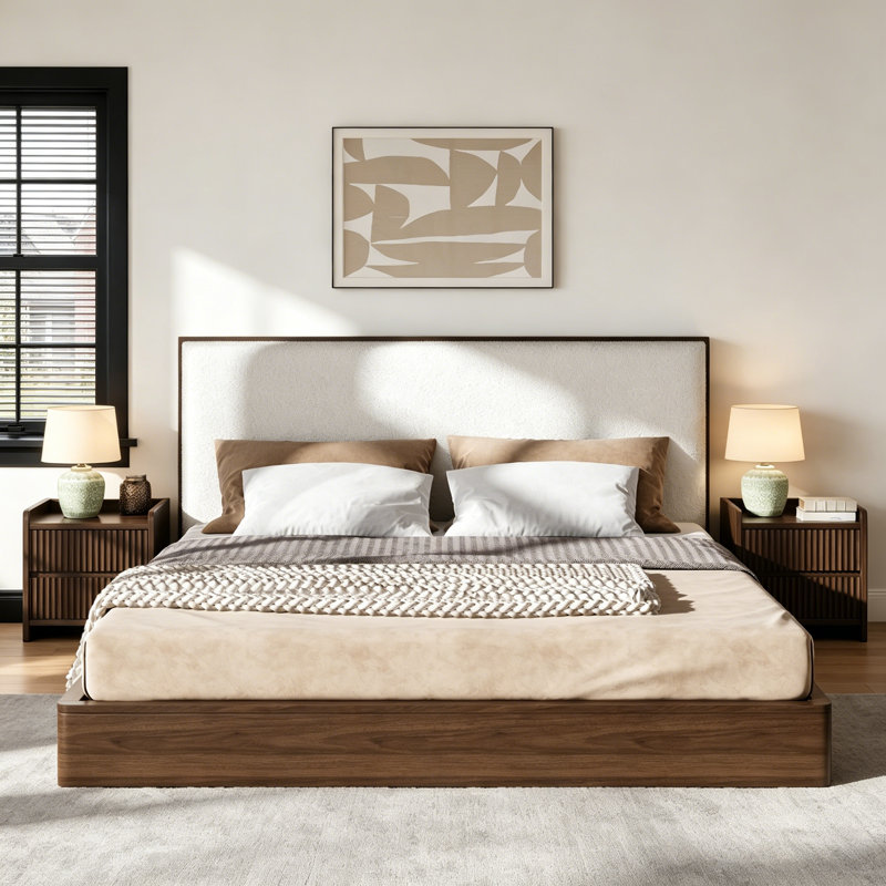 Structure de lit plateforme en bois massif avec tête de lit tapissier bouclée, sans sommier, noyer, Walnut, King