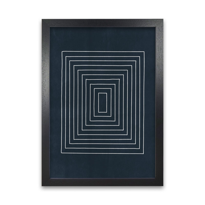 Lino Style Blue Geometric Squares - Print, 42cm H x 30cm W x 3cm D, Black Frame