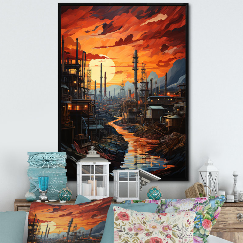 Semarang " Orange Oil Rigs Oil Odyssey ", 32" H x 16" W x 1" D, Black Floater Framed