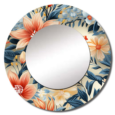 Warm Terracotta And Blue Floral Botanical Pattern - Floral Mirror, Blue Round Unique Wall Mirror, Printed Metal Art