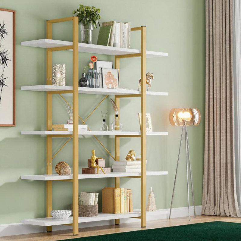 5-Tier Shelf Bookcase Metal Frame, Gold/White