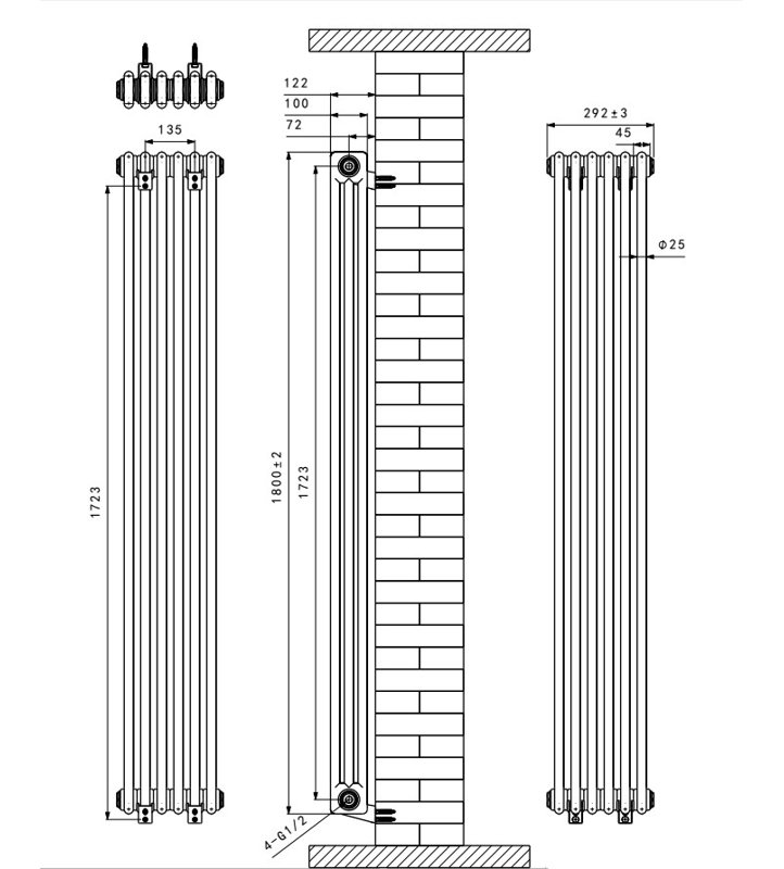 Valery Vertical Traditional 3 Column Cast Iron Style Designer Radiator, White, 180cm H x 29cm W