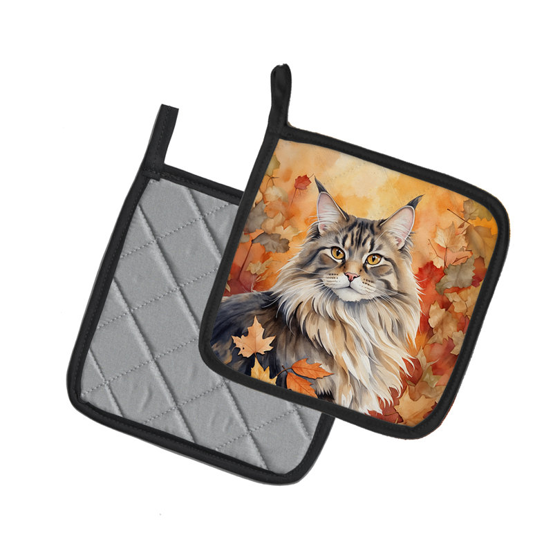 MaineCoon Cat in Fall Leaves Pair of Pot Holders
