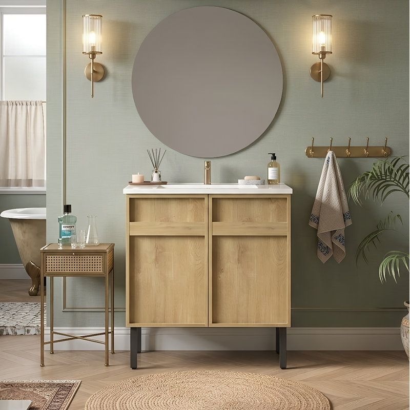Armoire de salle de bain autoportante 30 po avec évier intégré en céramique