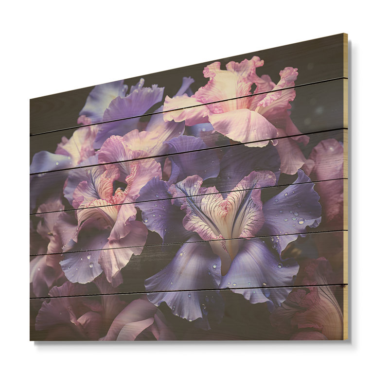 Minuit mauve iris sérénité dévoilé - iris, art mural sur bois de pin naturel, H 10 po x l 20 po
