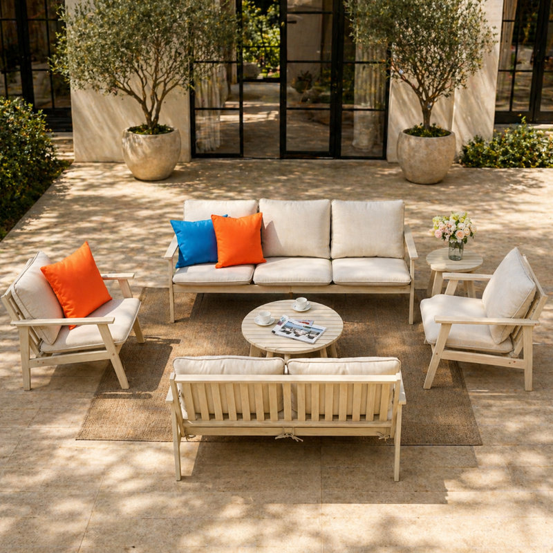 Solid Acacia Wood Garden Sofa Set With Coffee Table, Outdoor Patio Lounge Furniture