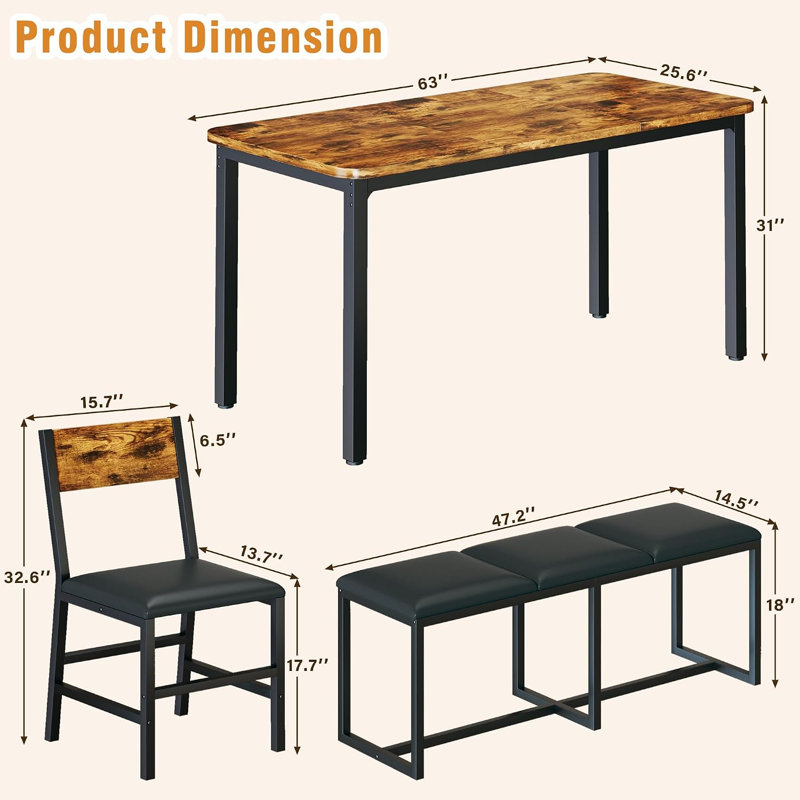 Ensemble de salle à manger 5 pièces avec banc en PU et 3 chaises pour 4 à 6 personnes, 5-Piece(1 Bench & 3 Chairs)