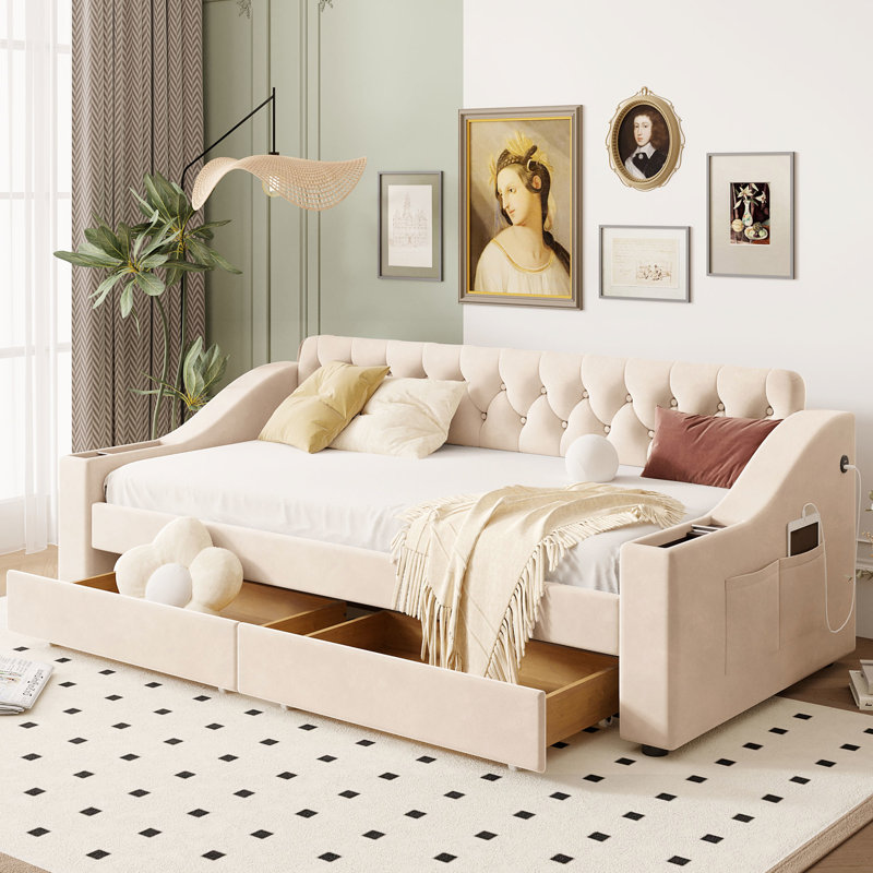 Lit de jour simple avec rangement pour accoudoirs et aspect beige rembourré