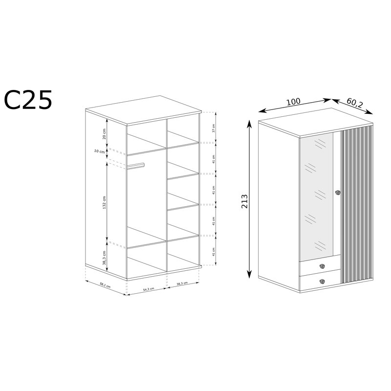 Cali Laminate Wardrobe, 213cm H x 100cm W x 60cm D
