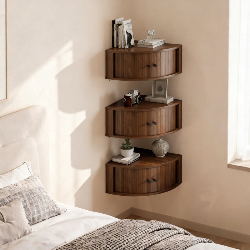 Corner Shelves Wall Cabinet Set Of 3, Curved Floating Corner Accent Cabinet With Sliding Doors