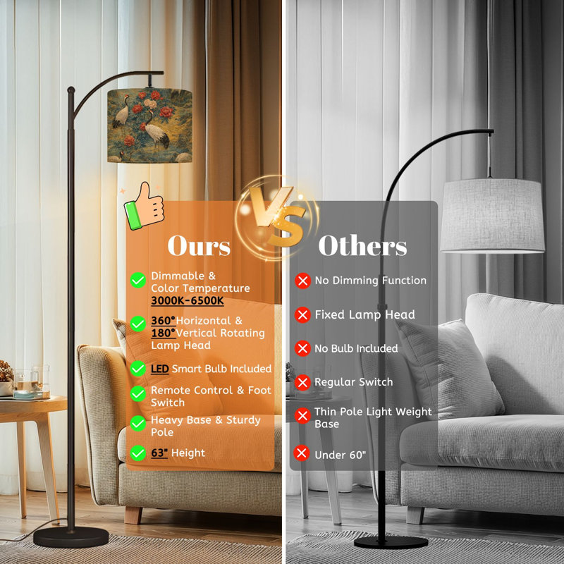 Arc Floor Lamp with Adjustable Lampshade Elegant Japanese Crane Birds Serene Nature Scene Standing Lamp 3 Color Temperatures Dimmable Tall Pole Lamp with Foot Switch for Bedroom