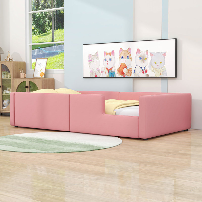 Twin Upholstered Platform Bed with Built-In Charging Station and Full-Length Guardrail, Pink
