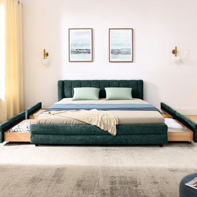 Grand lit avec tissu en chenille bleu + rembourré, conception moderne, tiroirs sous le lit, sommeil confortable, structure en panneau de particules, structure en chenille de 86 po x 68,5 po x 67 po et tiroir épais, tiroir pour le rangement, doux