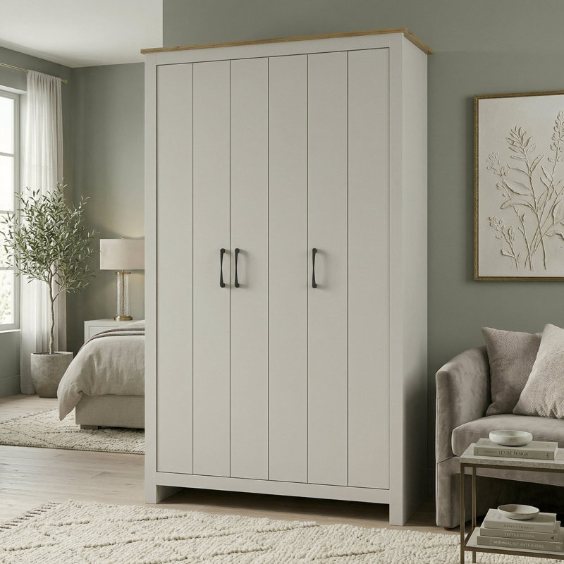 Limestone 3 Door Manufactured Wood Wardrobe, Light Grey/Brown