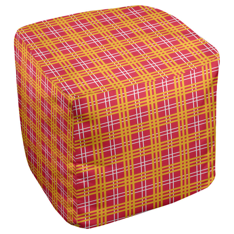 Pouf carré à carreaux Kansas, Mélange de polyester rouge / blanc / or, H 18 po x l 18 po x P 18 po