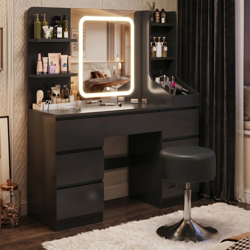 110Cm Desktop Grey Dressing Table 3 Colorful Light Makeup Vanity Table With Stool, Black