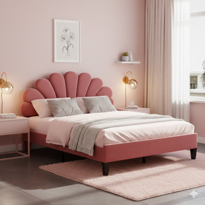 Queen-Sized Upholstered Platform Bed With A Headboard Covered In Floral-Patterned Velvet, In A Bean Paste Red Color.