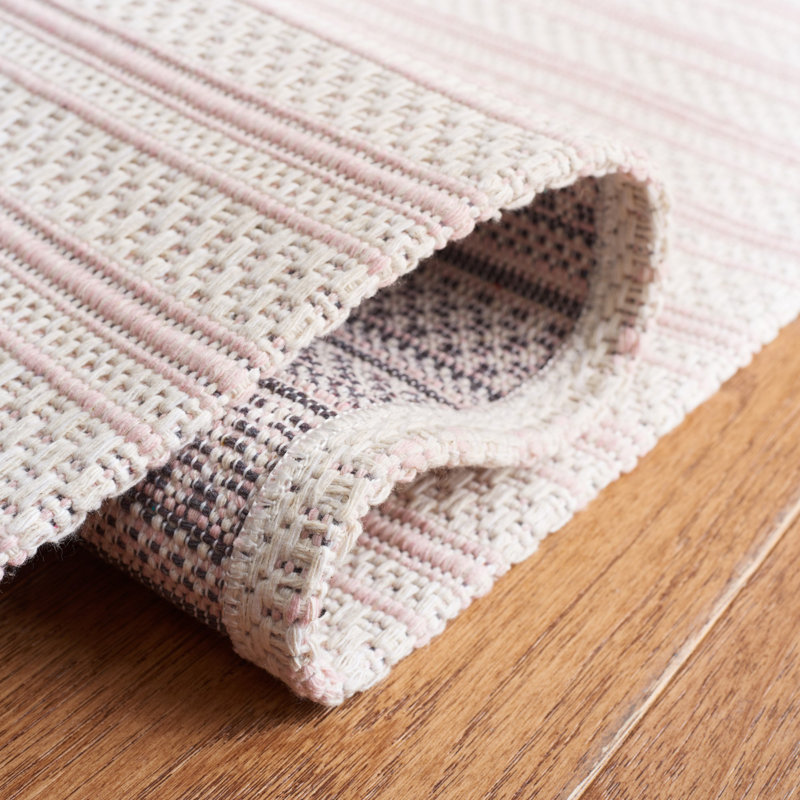 Ivory and Pink Striped Wool Rectangular Rug 5' x 7'
