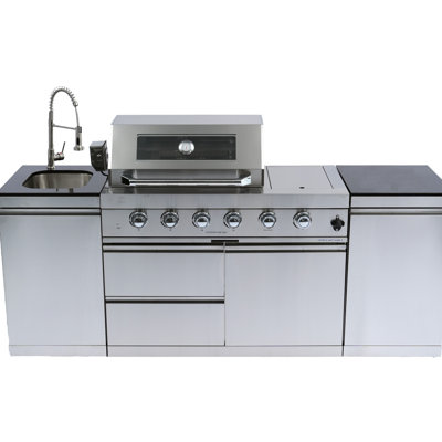 4 - Burner 72000 Stainless Steel Gas Grill For Outdoor Kitchen, Featuring Side B , Granite Countertops, Storage Cabinets, Double Lined Hood With Temperature Gauge, Halogen Lights, Electronic