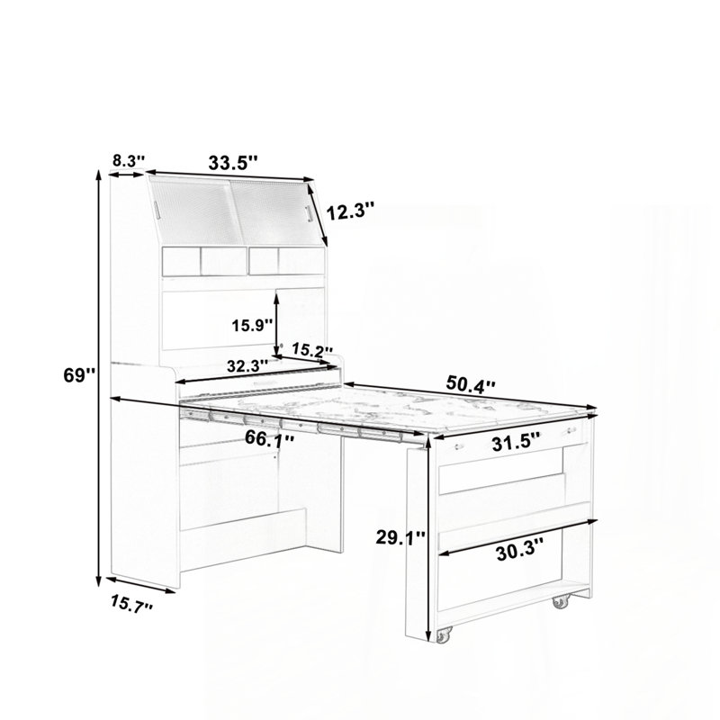 Compact 33.5x15.7x69inch Buffet with Hutch and Foldable Dining Table, Multifunctional Cupboard with Storage Shelf and Side Hooks for Small Places,Studio, Apartment