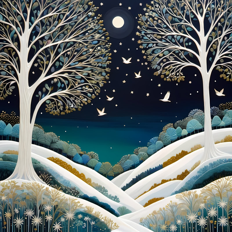 Scène de nuit enneigée, H 36 po x l 36 po