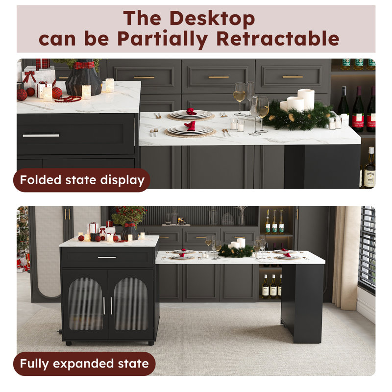 80-Inch Expandable Kitchen Island With Built-In Power Sockets For The Dining Table, With Cabinets And A 2-Drawer Mobile Storage Trolley