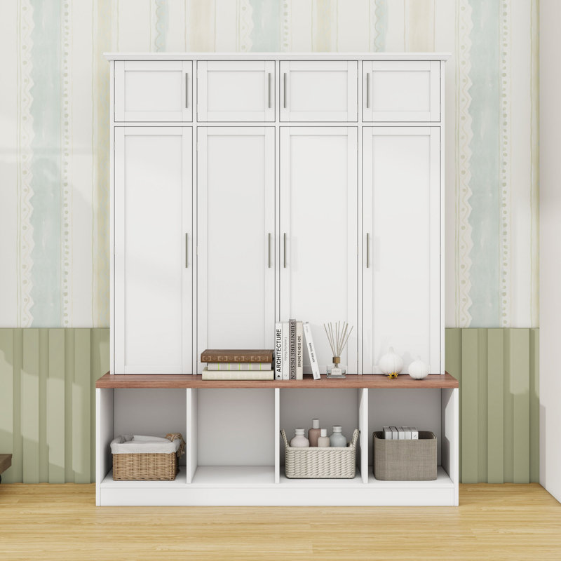 4-in-1 Hall Tree with 4 Hidden Hanging Hooks, Seating Bench and Doors, White