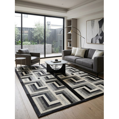 Tapis Abani Rugs Hide HID510A Noir Gris Ivoire Patchwork à blocs en L Yocelyne