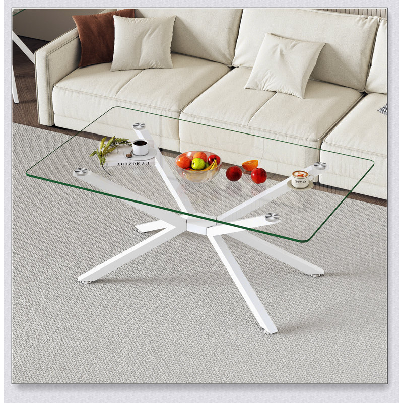 39.37 Inch Rectangle Clear Glass Coffee Table, Stylish Design With White Metal Legs For Modern Living Rooms, White
