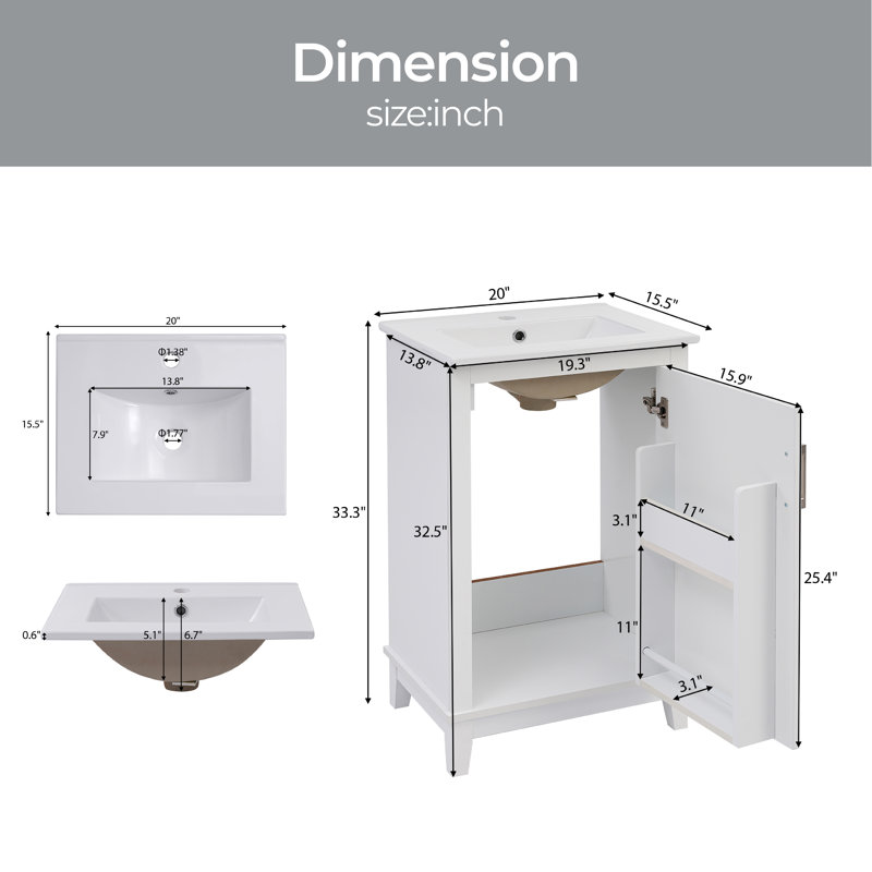 Meuble-lavabo simple 20 po avec comptoir en céramique Wadena, Blanc