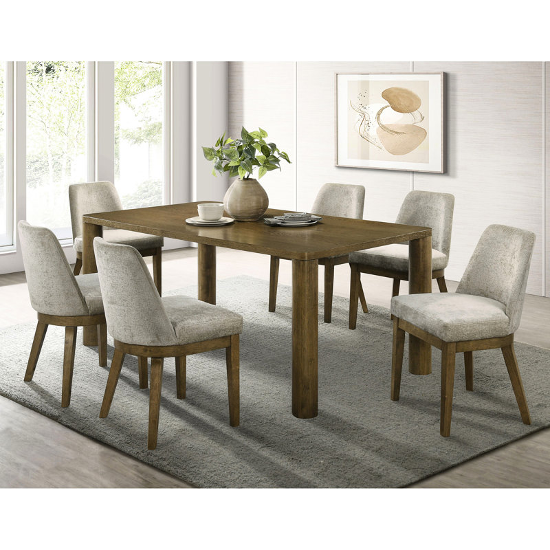 7 chaises de salle à manger rectangulaires avec finition chêne brun, bois d'hévéa et chaises rembourrées brun clair pour table moderne