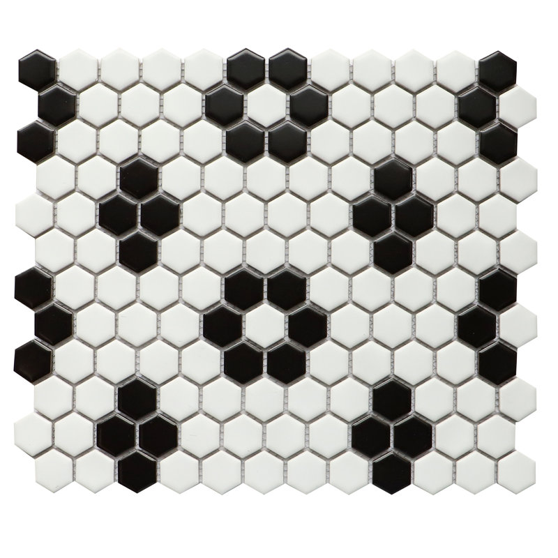 Carreau de mosaïque en porcelaine nid d'abeille pour mur et plancher, Blanc avec motif noir