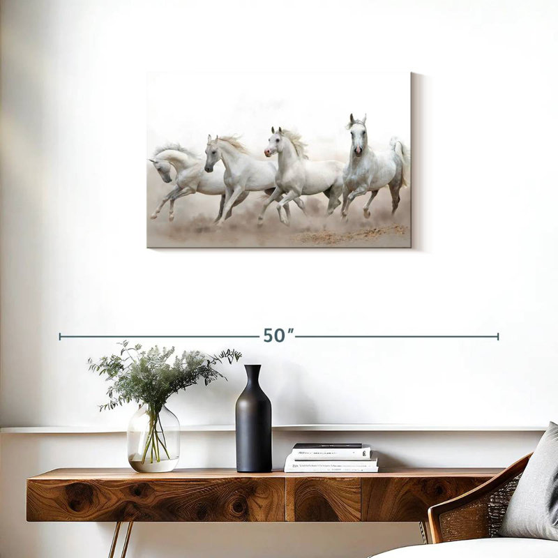 Brampt, chevaux arabes blancs, H 20 po x l 30 po
