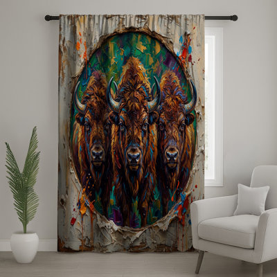 Three Buffaloes Painting Window Curtains, Wildlife Sheer & Blockout Curtains - 1 Panel