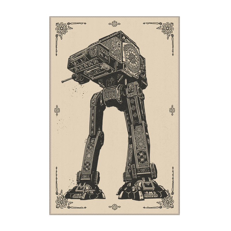 Machine Washable Mendon Robotic Mech Walker Bohemian Block Print Rug in Beige – Beige Binding, 5x8