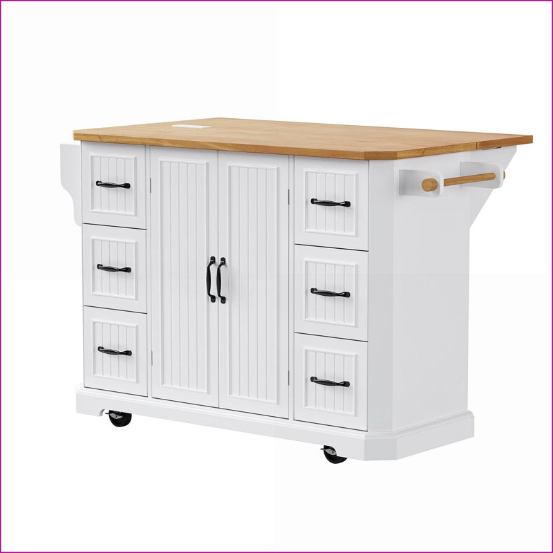 Kitchen Island 56in White with Drop Leaf, Charging Station &amp; 6 Drawers | Farmhouse | MDF,Rubber Wood, White